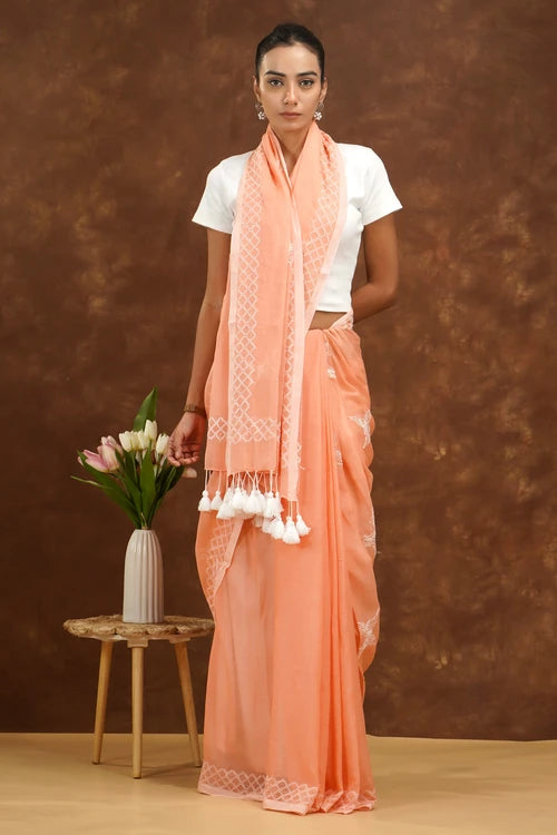 Shwet Women Peach Hand Embroidered Chikankari  Mulmul Saree