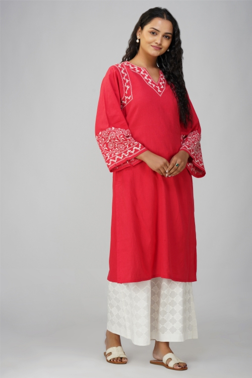 Phae Rhea Kurta In Cotton Linen Hand Chikankari