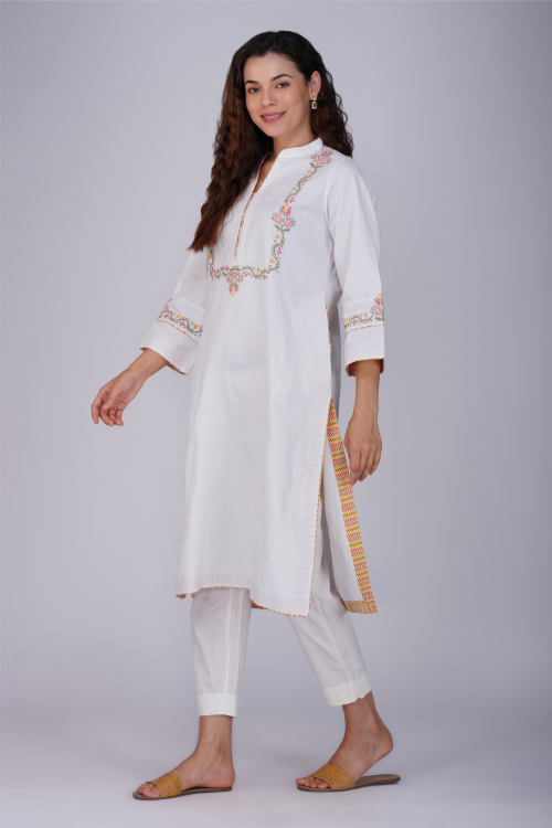 Phae Krishna Cotton Jacquard Kurta With Hand Chikankari