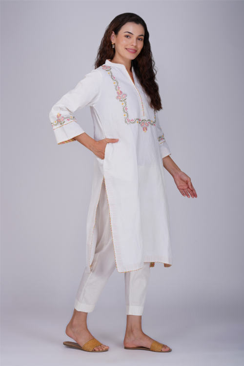 Phae Krishna Cotton Jacquard Kurta With Hand Chikankari
