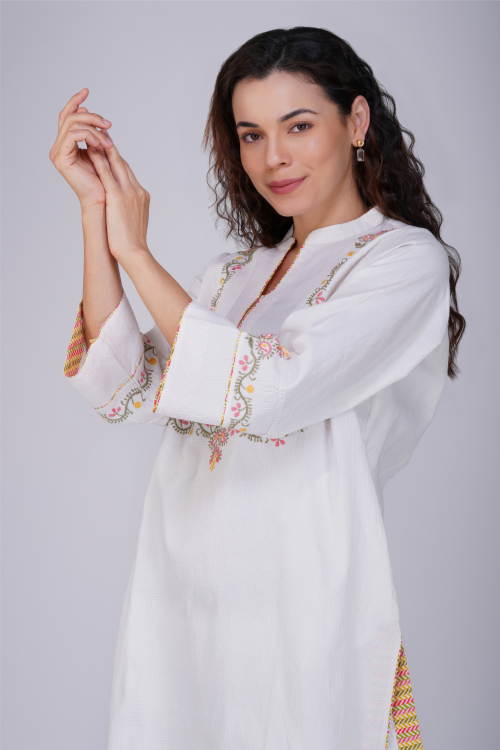 Phae Krishna Cotton Jacquard Kurta With Hand Chikankari