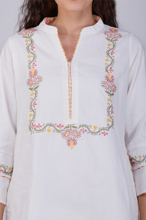 Phae Krishna Cotton Jacquard Kurta With Hand Chikankari