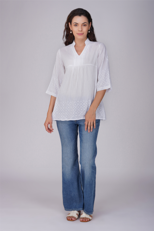 Phae Nadia Top In Cotton Fabric With Chikankari Embroidery