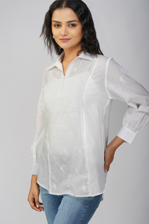 Phae Aahana White Shirt In Mulmul With Sequin