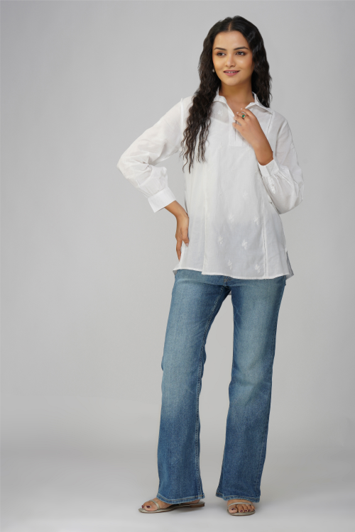 Phae Aahana White Shirt In Mulmul With Sequin