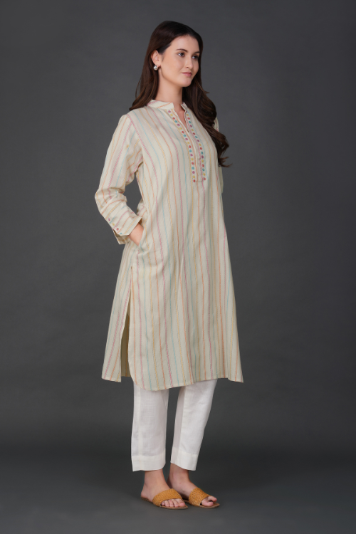Phae Falguni Striped Kurta With Hand Embroidery