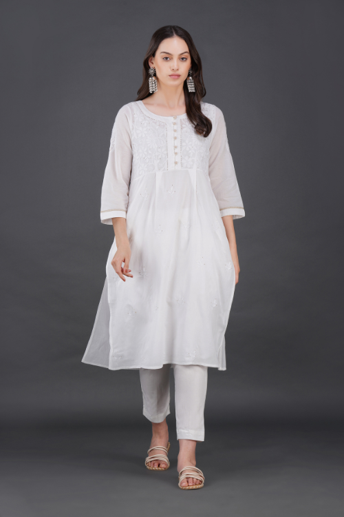 Phae Briena White Cotton Crinkle  White Kurta