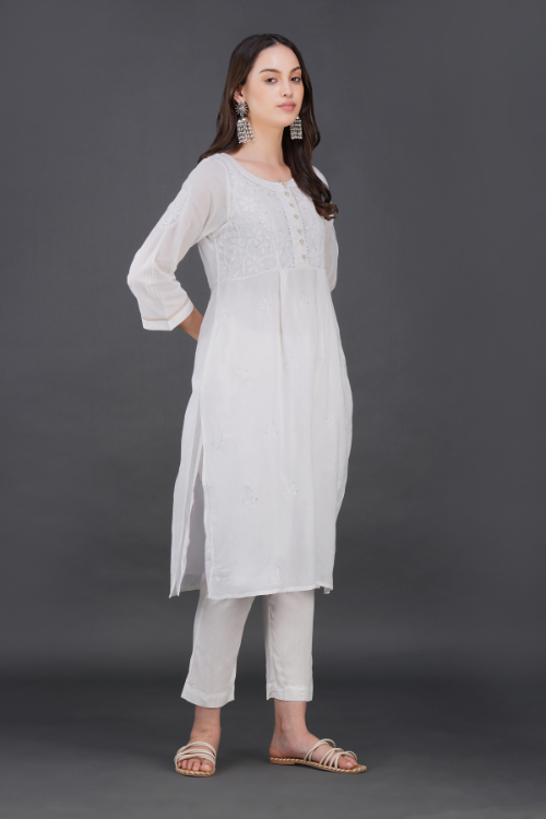 Phae Briena White Cotton Crinkle  White Kurta