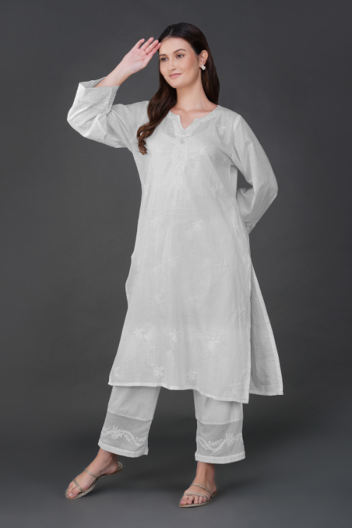 Phae Aastha Cotton Cross Hatch Kurta With Hand Chikankari