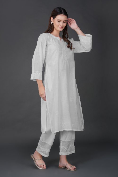 Phae Aastha Cotton Cross Hatch Kurta With Hand Chikankari