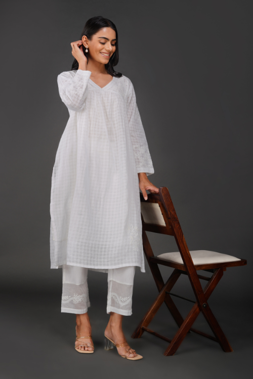 Phae Amina Cotton Self Check Kurta With Hand Chikankari