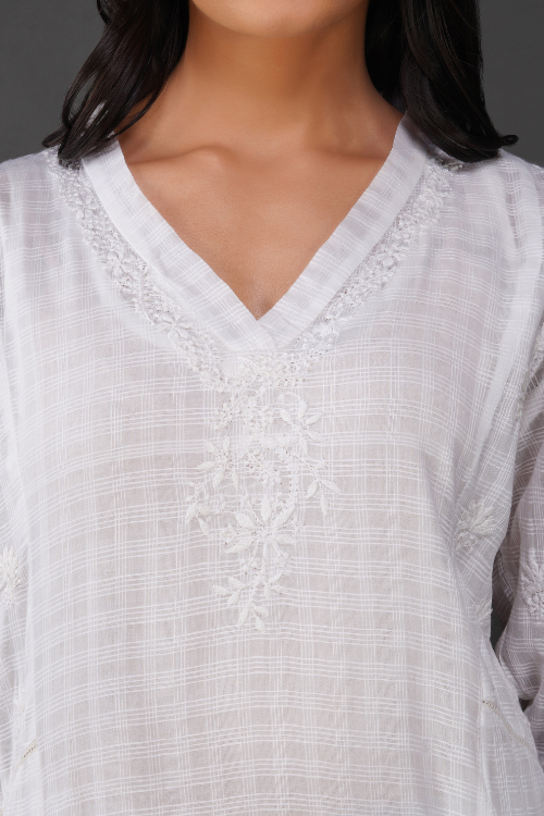 Phae Amina Cotton Self Check Kurta With Hand Chikankari