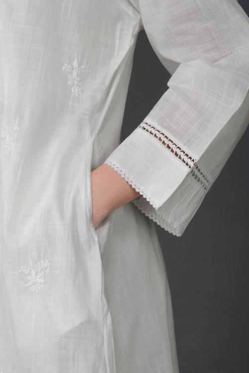 Phae Nora Cotton Self Check Kurta With Hand Chikankari