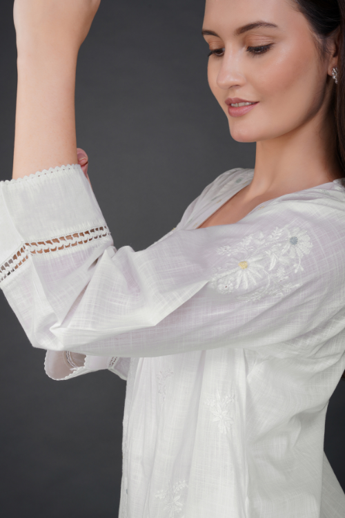 Phae Nora Cotton Self Check Kurta With Hand Chikankari