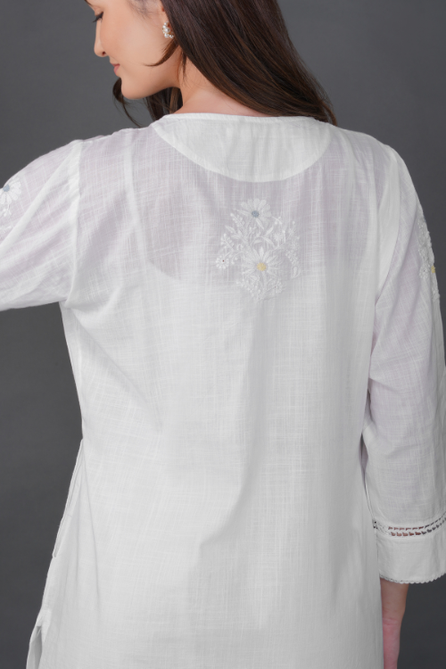 Phae Nora Cotton Self Check Kurta With Hand Chikankari