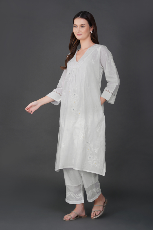 Phae Nora Cotton Self Check Kurta With Hand Chikankari