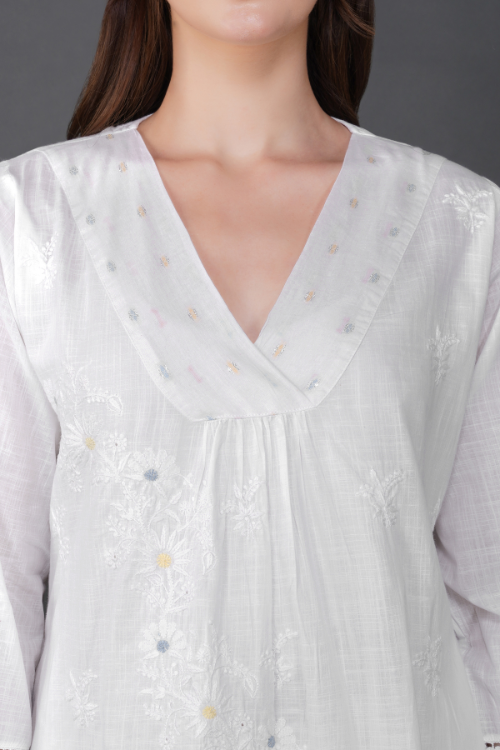 Phae Nora Cotton Self Check Kurta With Hand Chikankari