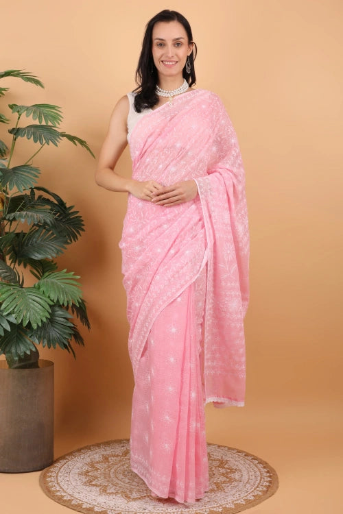 Shwet Women Hand Embroidered Baby Pink Kota Cotton Chikankari Saree