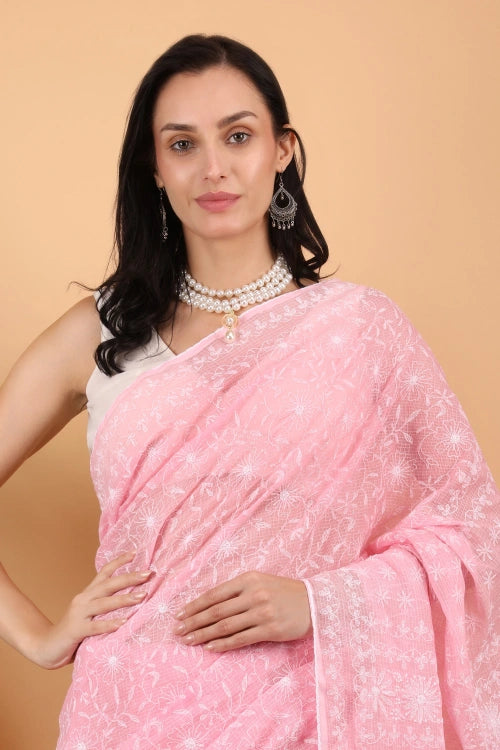 Shwet Women Hand Embroidered Baby Pink Kota Cotton Chikankari Saree