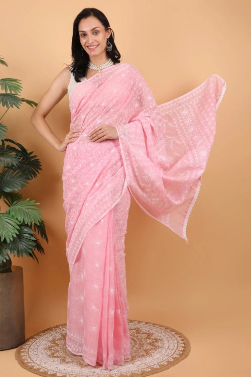 Shwet Women Hand Embroidered Baby Pink Kota Cotton Chikankari Saree