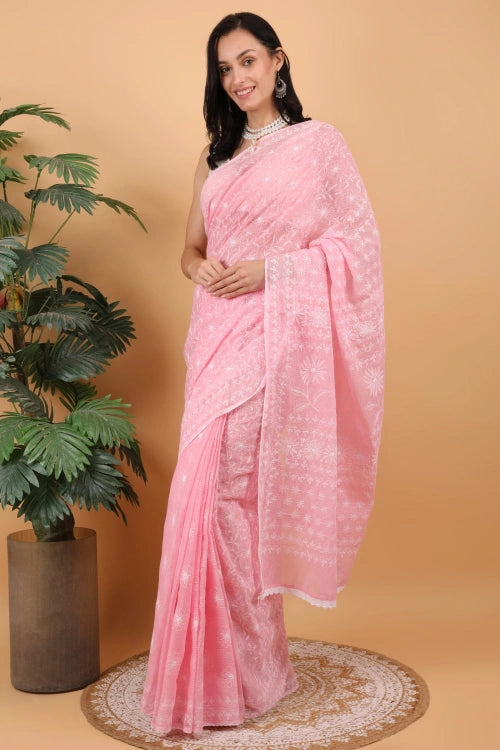 Shwet Women Hand Embroidered Baby Pink Kota Cotton Chikankari Saree