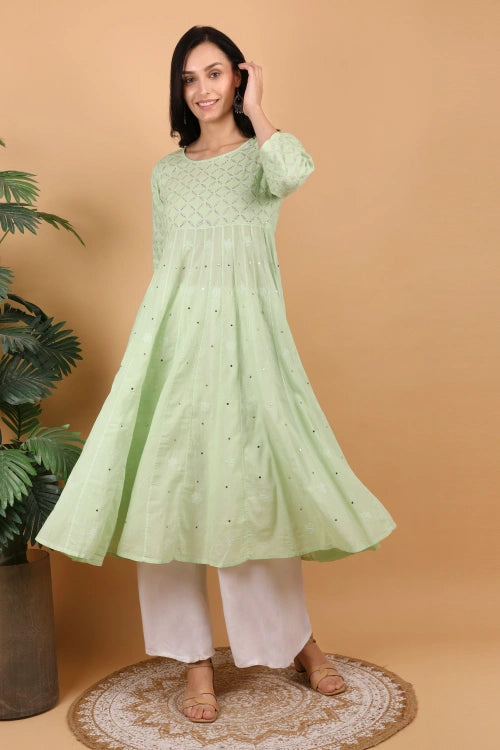 Shwet Women Pista Green Hand Embroidered Chikankari Kali kurti