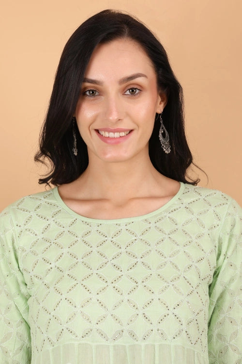 Shwet Women Pista Green Hand Embroidered Chikankari Kali kurti