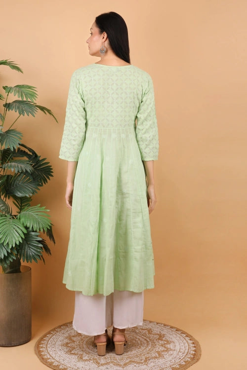 Shwet Women Pista Green Hand Embroidered Chikankari Kali kurti