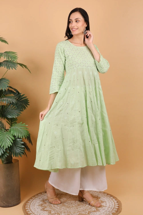 Shwet Women Pista Green Hand Embroidered Chikankari Kali kurti