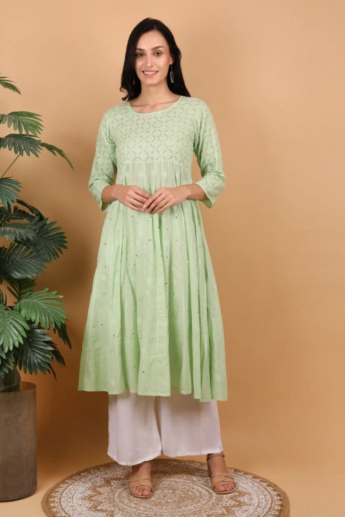 Shwet Women Pista Green Hand Embroidered Chikankari Kali kurti