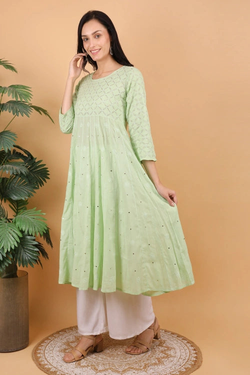 Shwet Women Pista Green Hand Embroidered Chikankari Kali kurti