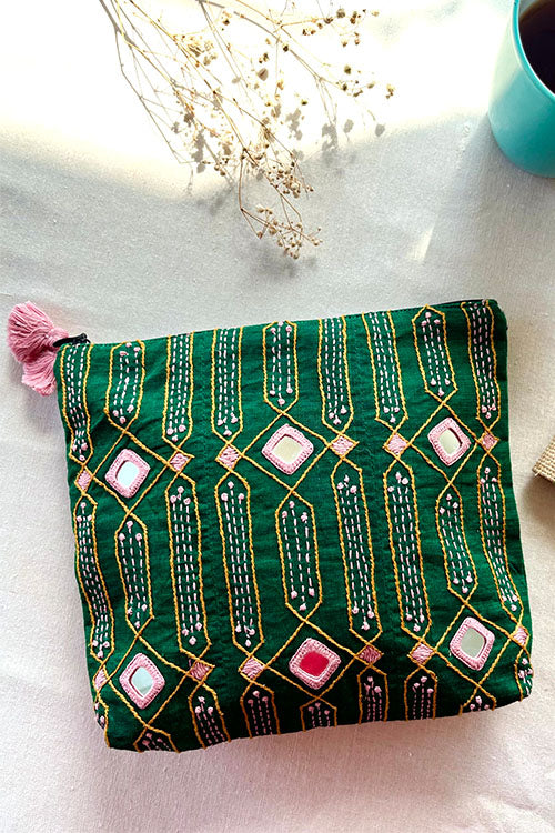Okhai "Green Grove" Hand-Embroidered Mirrorwork Pure Cotton Pouch