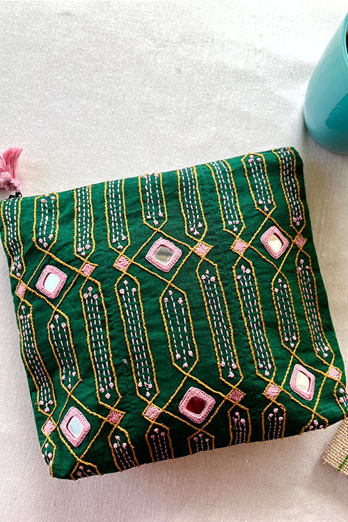 Okhai "Green Grove" Hand-Embroidered Mirrorwork Pure Cotton Pouch