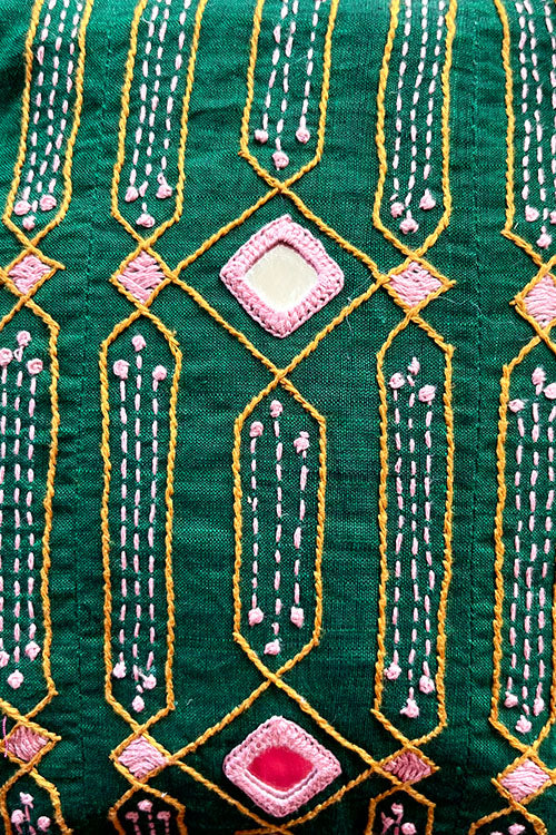 Okhai "Green Grove" Hand-Embroidered Mirrorwork Pure Cotton Pouch