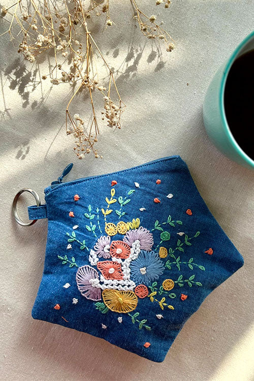 Okhai "Pea Flower" Hand-Embroidered Mirrorwork Pure Cotton Pouch