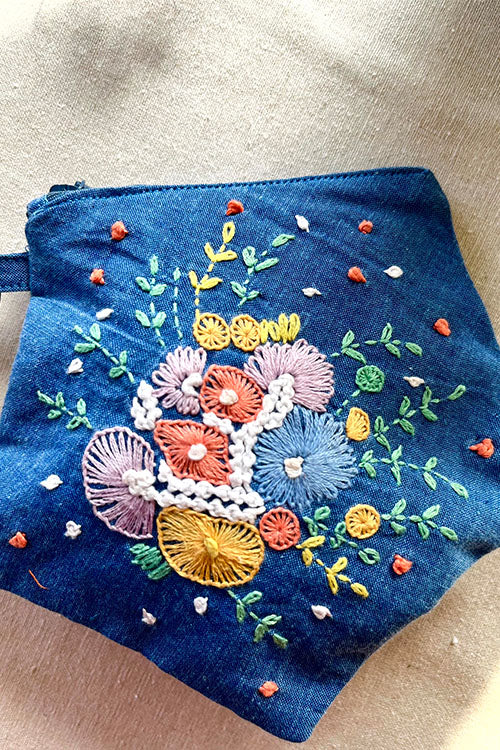 Okhai "Pea Flower" Hand-Embroidered Mirrorwork Pure Cotton Pouch