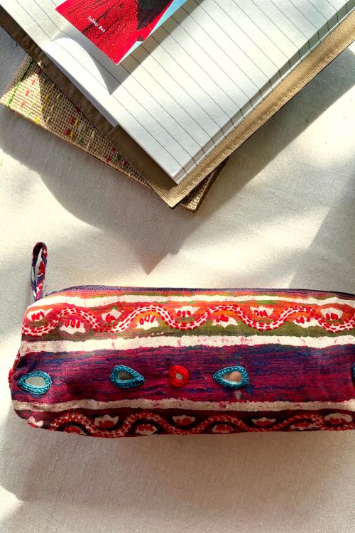 Okhai "Magpie" Hand-Embroidered Mirrorwork Pure Cotton Cylindrical Pouch