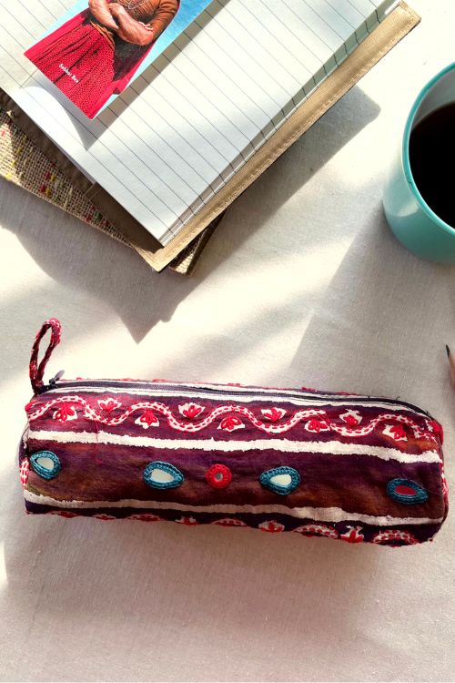 Okhai "Finch" Hand-Embroidered Mirrorwork Pure Cotton Cylindrical Pouch
