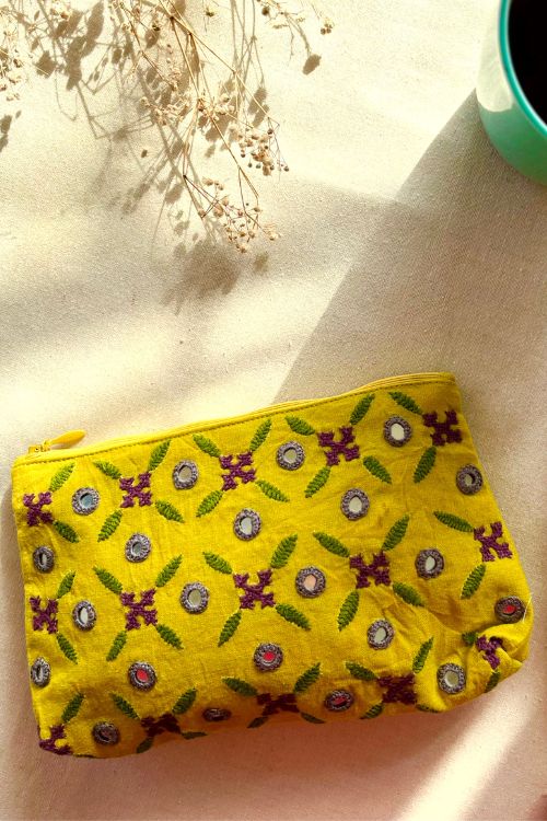 Okhai "Bumblebee" Hand-Embroidered Mirrorwork Pure Cotton Pouch