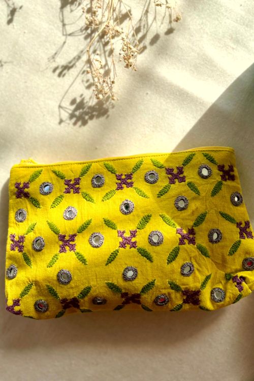 Okhai "Bumblebee" Hand-Embroidered Mirrorwork Pure Cotton Pouch