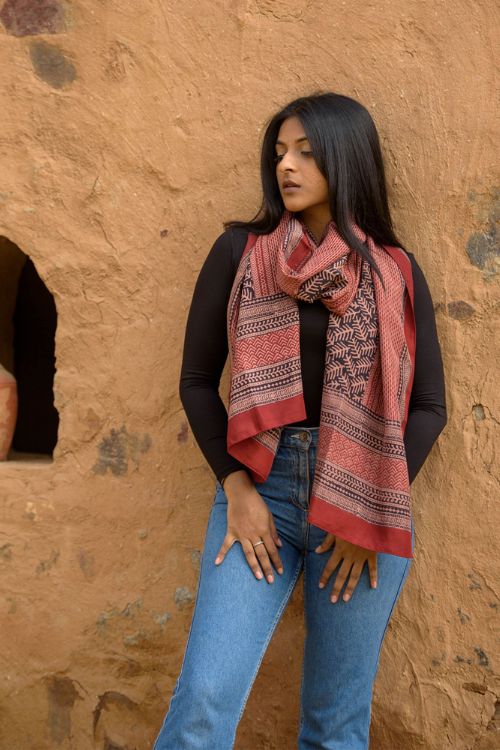 TICH Pure Silk Bagh Printed Stole - Red Stripes