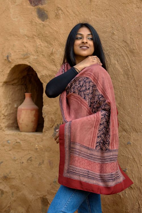 TICH Pure Silk Bagh Printed Stole - Red Stripes
