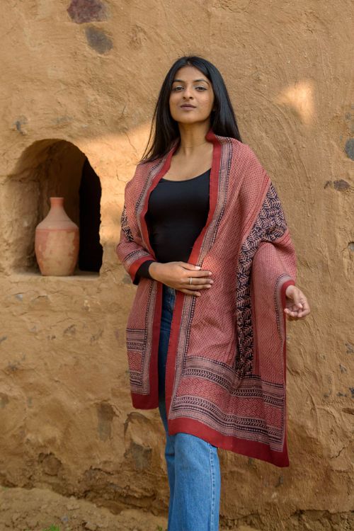 TICH Pure Silk Bagh Printed Stole - Red Stripes