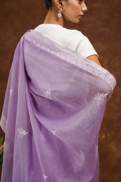 Shwet Women Purple Hand Embroidered Chikankari  Mulmul Saree