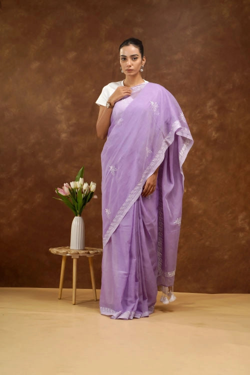 Shwet Women Purple Hand Embroidered Chikankari  Mulmul Saree