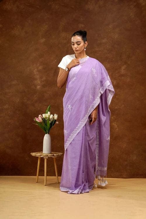 Shwet Women Purple Hand Embroidered Chikankari  Mulmul Saree