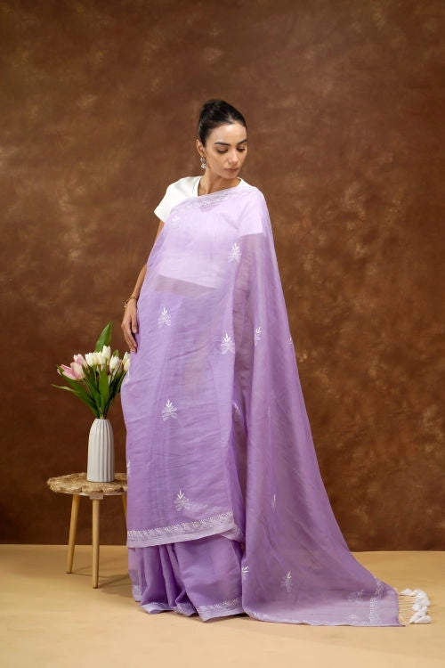 Shwet Women Purple Hand Embroidered Chikankari  Mulmul Saree