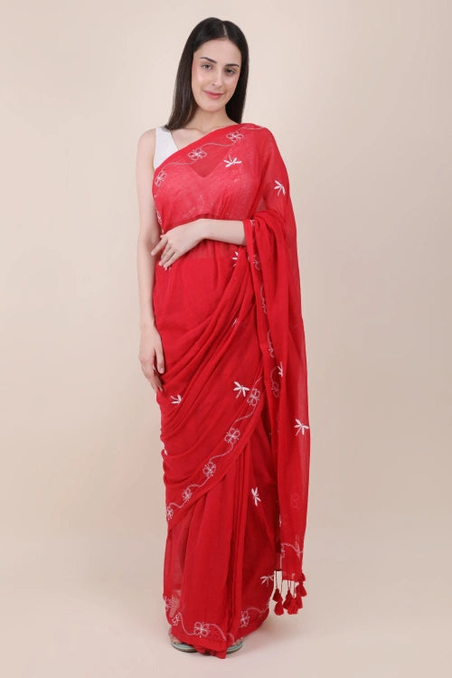 Shwet Red Hand Embroidered Chikankari Mulmul Saree