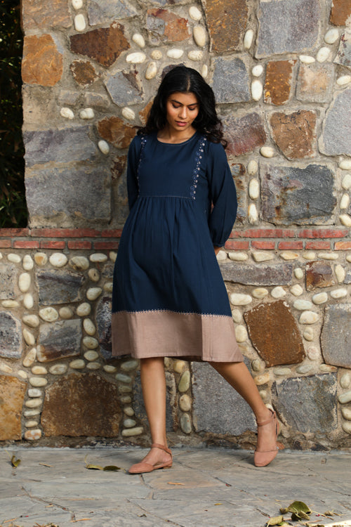 Izzara Mirrorwork Indigo Cotton Knee Length Dress