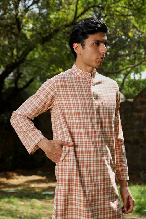 Arka Checked Full Sleeve Long Cotton Kurta For Men Online